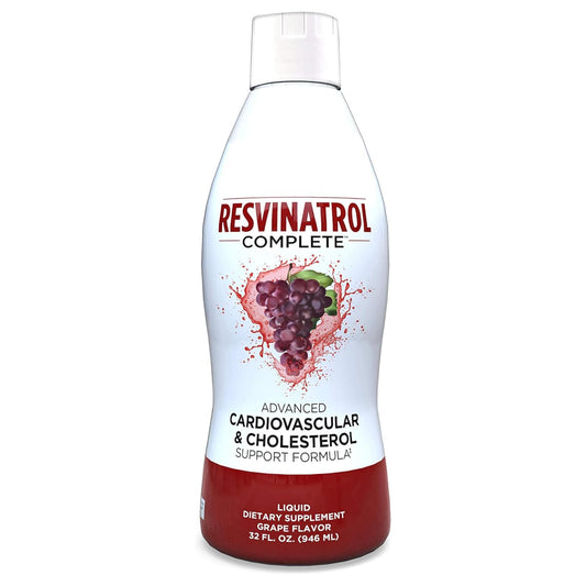 Resvinatrol Complete bottle front with grape flavor and heart health theme.