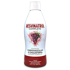Resvinatrol Complete bottle front with grape flavor and heart health theme.