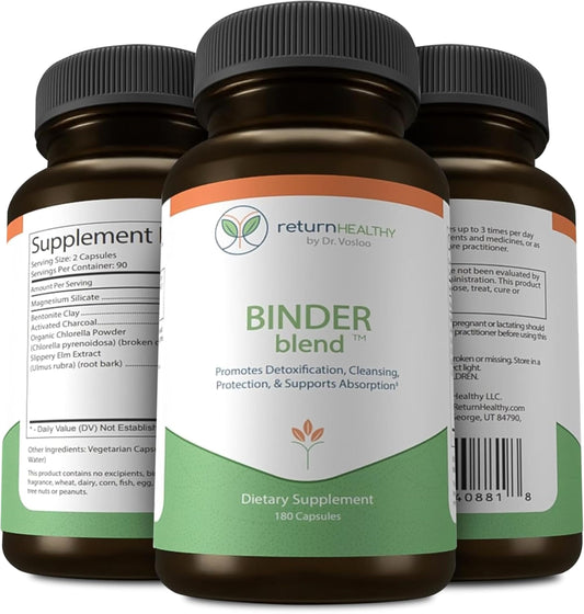 Return Healthy Binder Blend bottle with activated charcoal for gentle gut detox.