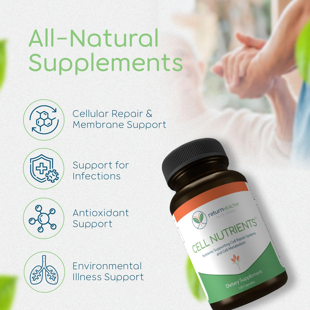 Return Healthy Cell Nutrients capsules closeup highlighting vegan, non-GMO formulation