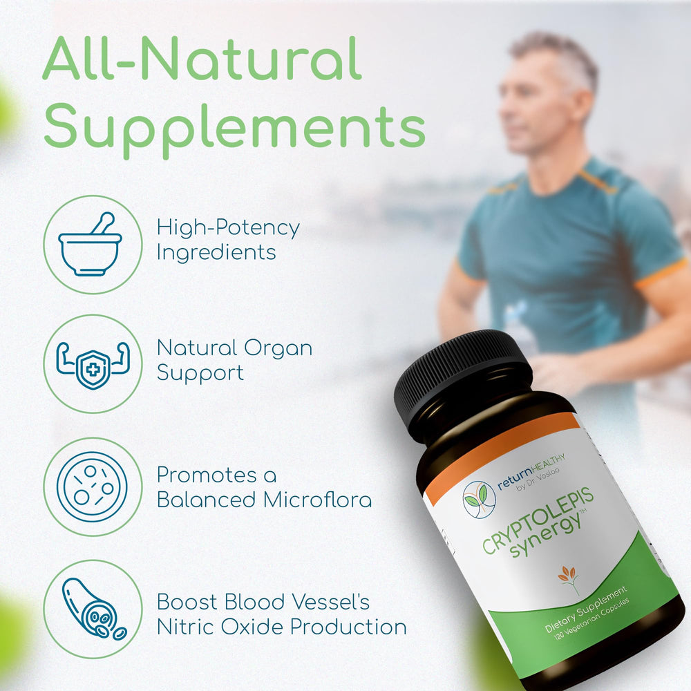 Return Healthy Cryptolepis Synergy bottle on counter suggests simple daily routine for liver and lymphatic support.