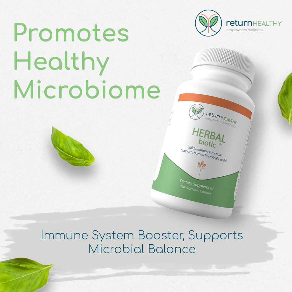 This close-up of Return Healthy Herbal Biotic capsules highlights vegan immune support.