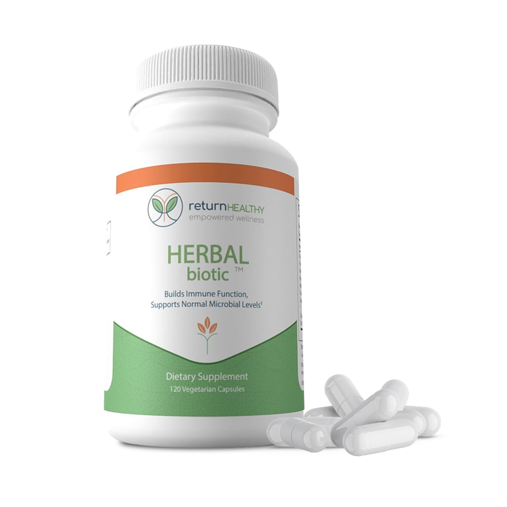 Daily usage scene shows Return Healthy Herbal Biotic capsules ready for routine.