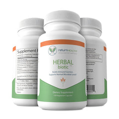 Kitchen setting featuring Return Healthy Herbal Biotic bottle connects to wholesome daily habits.