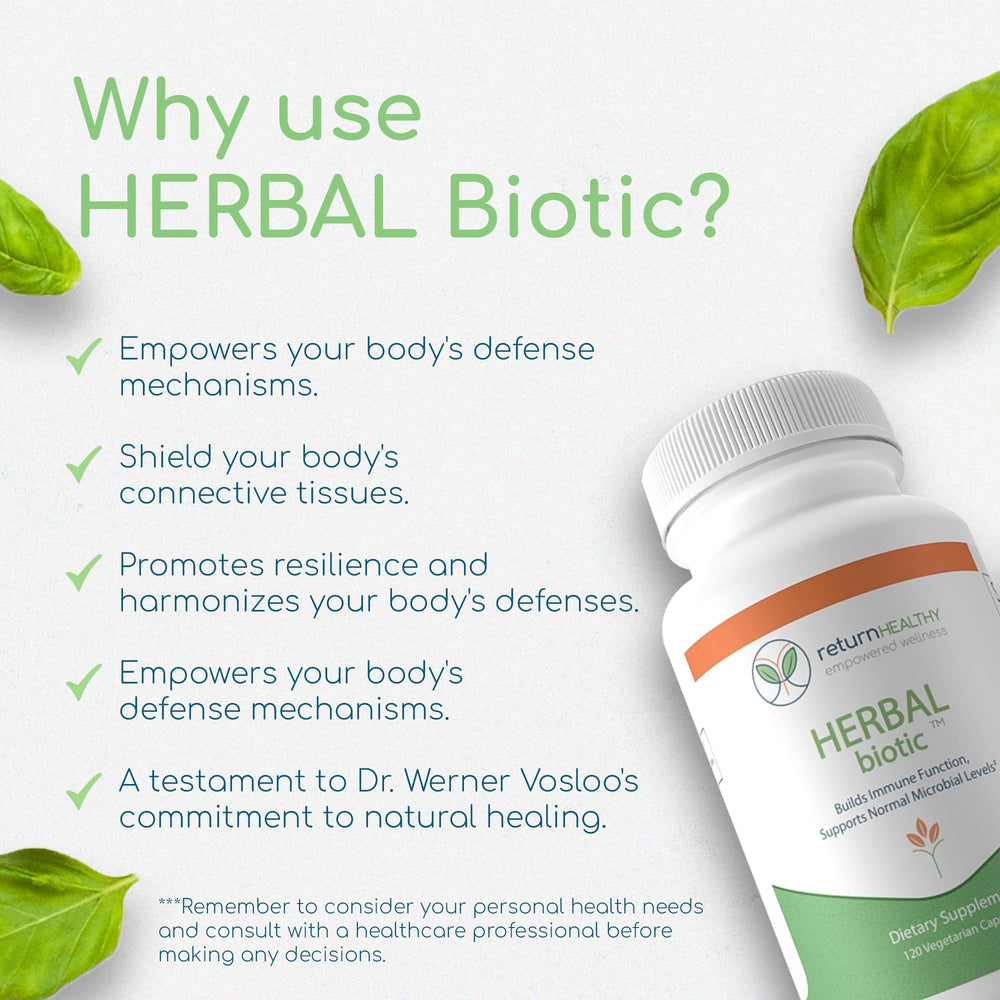 Return Healthy Herbal Biotic tablets sit on a wooden surface suggesting digestive health support.