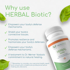Return Healthy Herbal Biotic tablets sit on a wooden surface suggesting digestive health support.