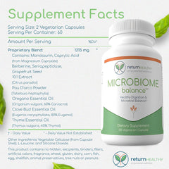 Return Healthy Microbiome Balance bottle with glass to convey routine.