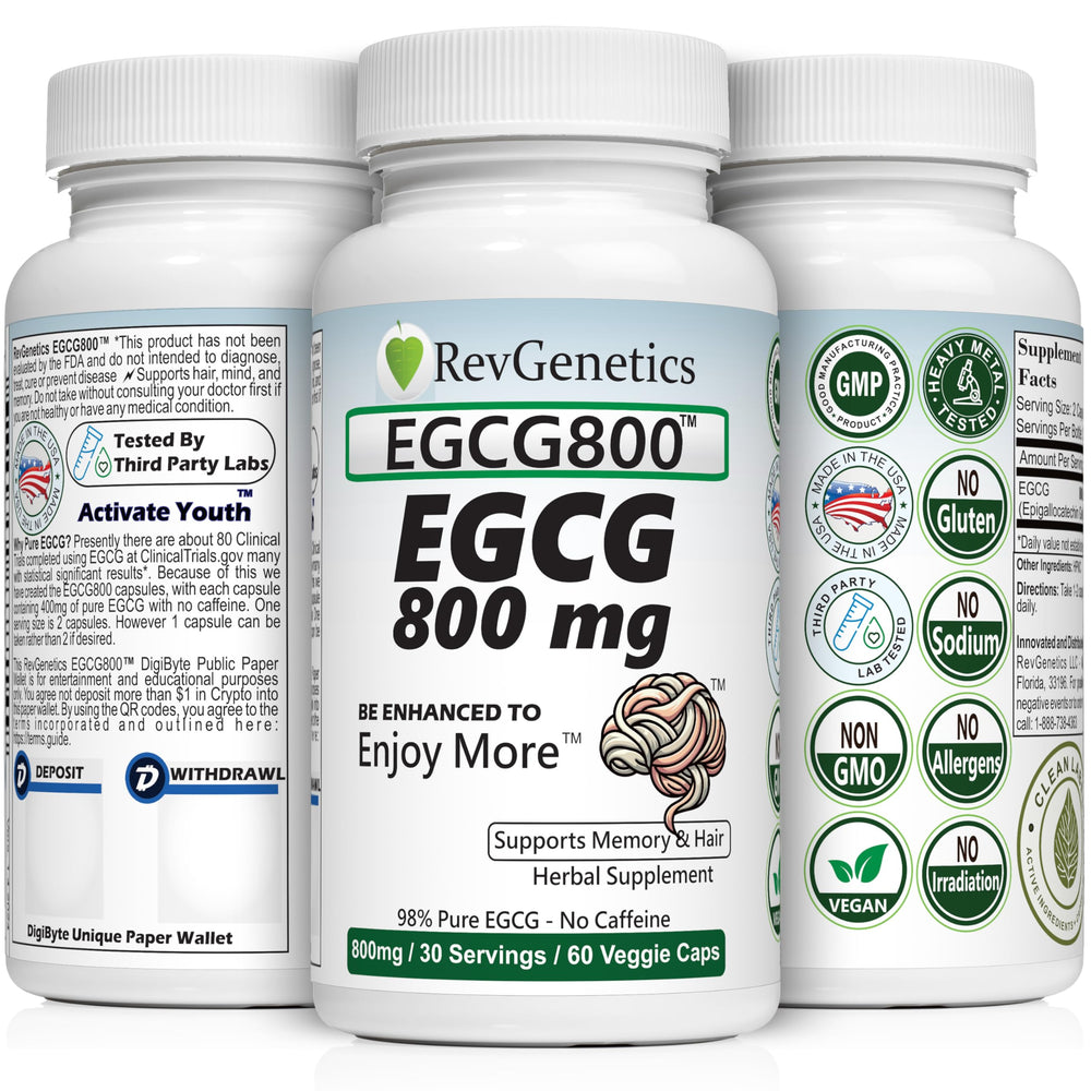 REVGENETICS EGCG800 capsules close-up highlighting pure, caffeine-free energy support.
