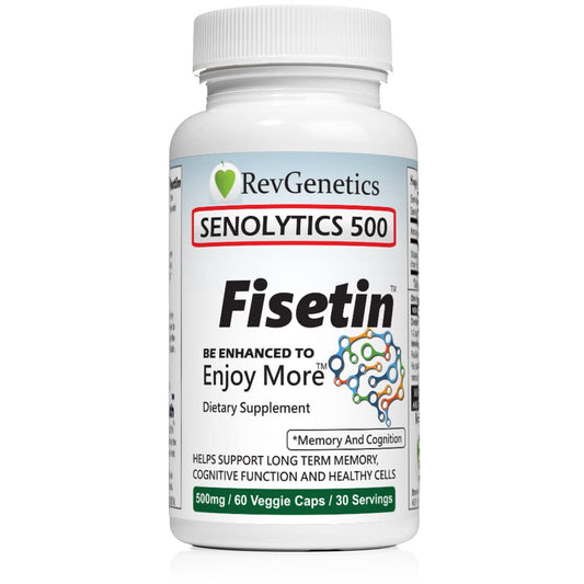 REVGENETICS Senolytics 500 bottle cap for easy daily dosing and routines.