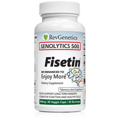REVGENETICS Senolytics 500 bottle cap for easy daily dosing and routines.