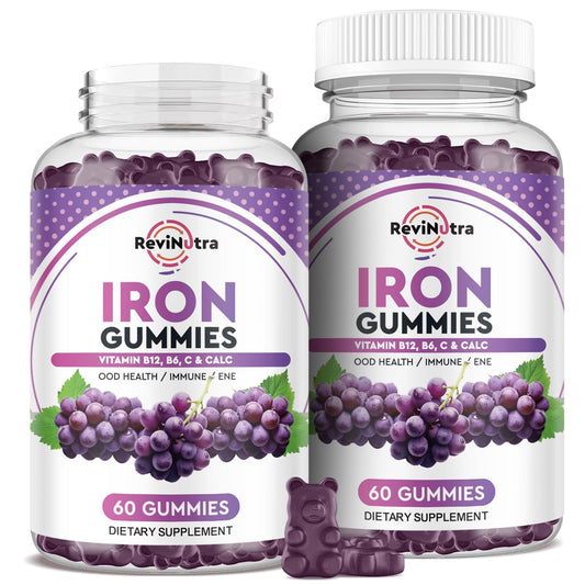 ReviNutra Iron Gummies grape bottle shows a tasty energy-support supplement.