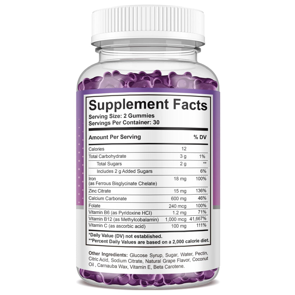 ReviNutra Iron Gummies grape closeup reveals chewy texture and energy support.