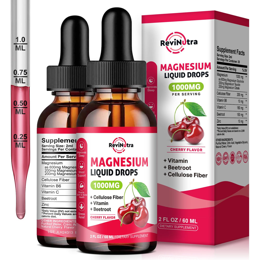 ReviNutra magnesium glycinate liquid drops bottle for easy daily supplementation.