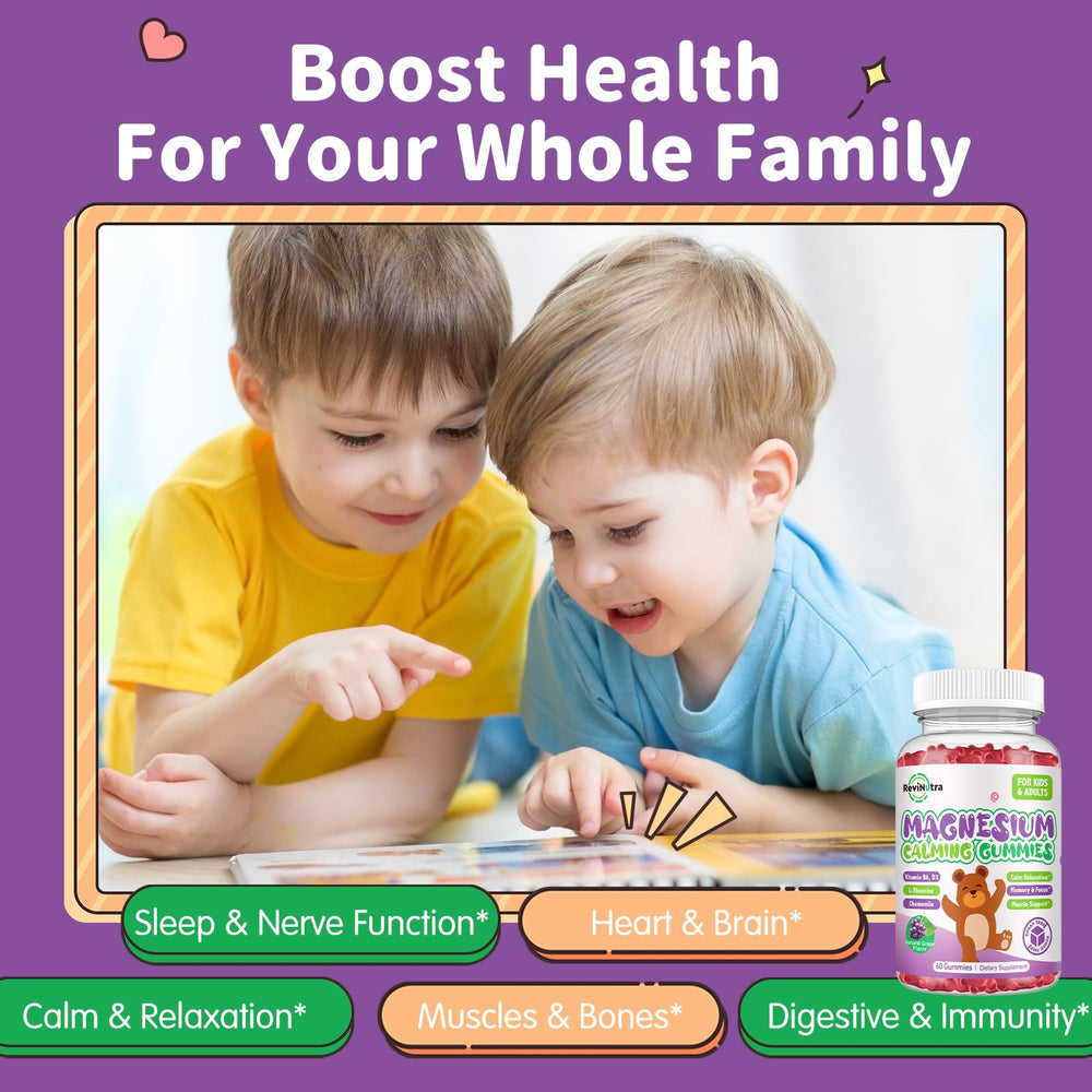 ReviNutra gummies ingredients panel showing magnesium glycinate and L-Theanine for calm