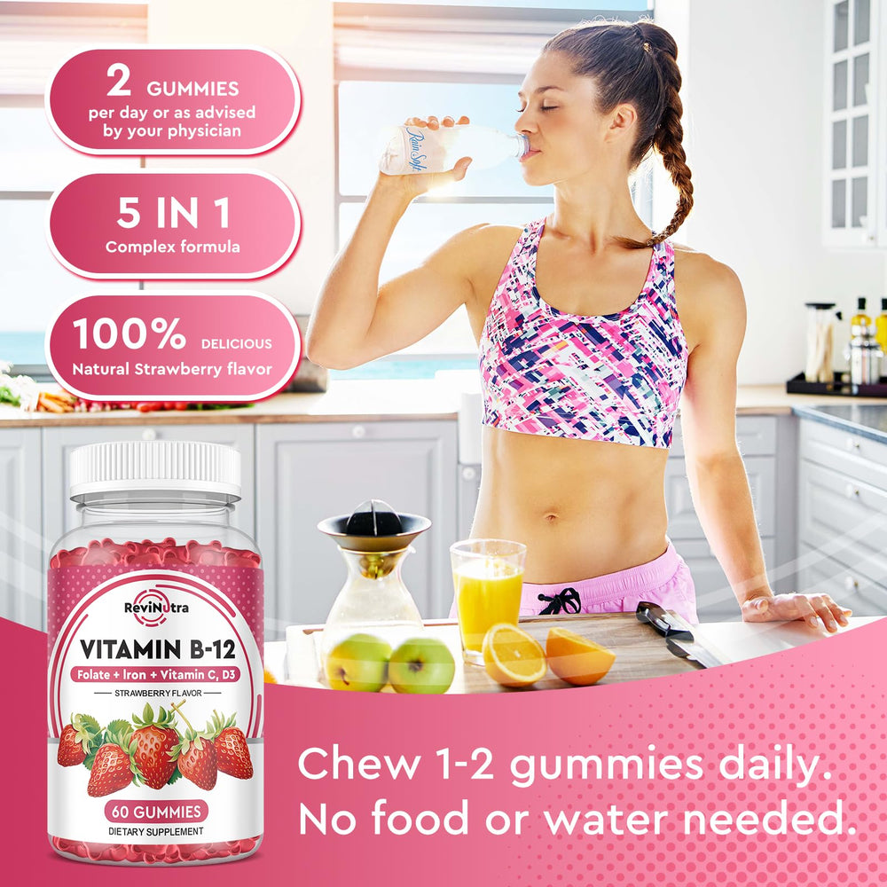 ReviNutra B12 Gummies nutrition panel hints at potency and combined nutrients.