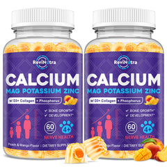 ReviNutra calcium magnesium potassium gummies bottle offers a tasty bone-support supplement.