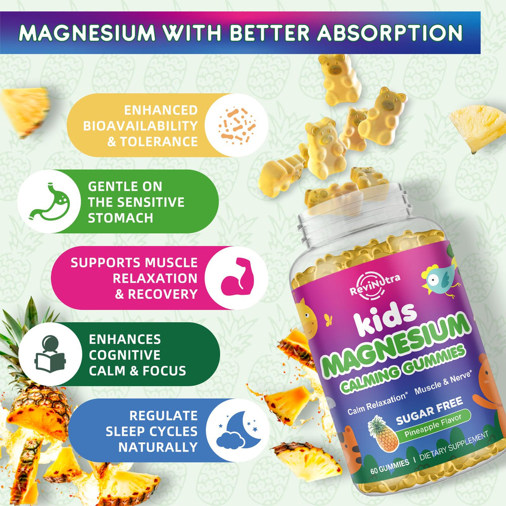 ReviNutra Gummies bottle close-up showing ingredient list with calcium, magnesium, and vitamins
