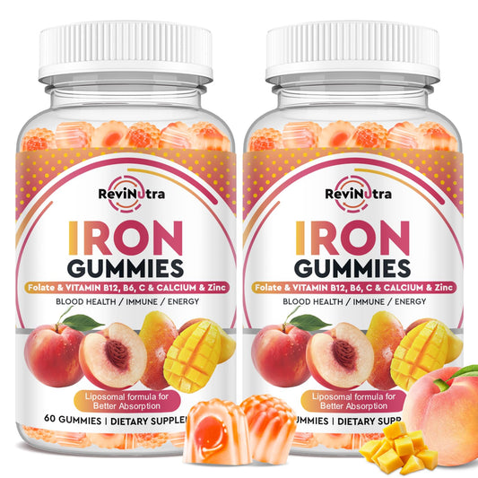 ReviNutra Iron Gummies peach-mango bottle boosts daily energy for the whole family.