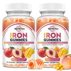 ReviNutra Iron Gummies peach-mango bottle boosts daily energy for the whole family.