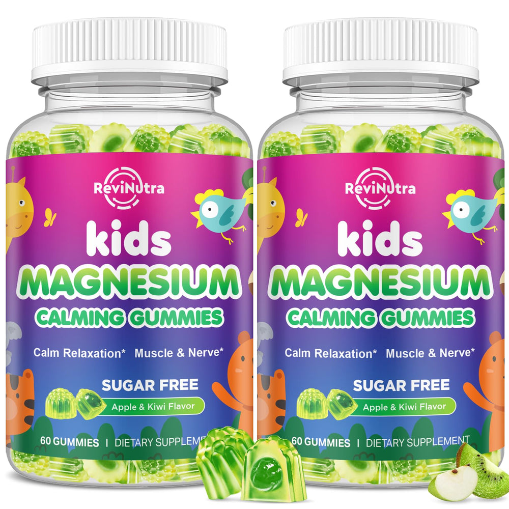 ReviNutra kids magnesium gummies bottle with apple kiwi flavor for daily calm.