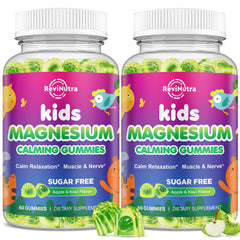 ReviNutra kids magnesium gummies bottle with apple kiwi flavor for daily calm.