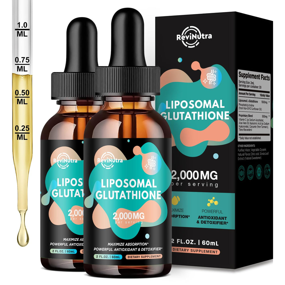 ReviNutra liposomal glutathione bottle highlights antioxidant blend for daily detox and skin vitality.