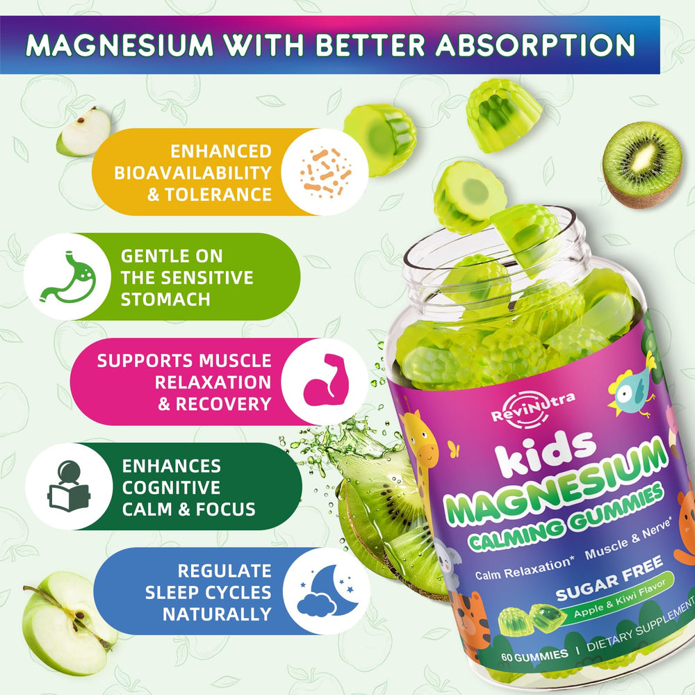 ReviNutra magnesium gummies close-up texture showing chewy, sugar-free bite.