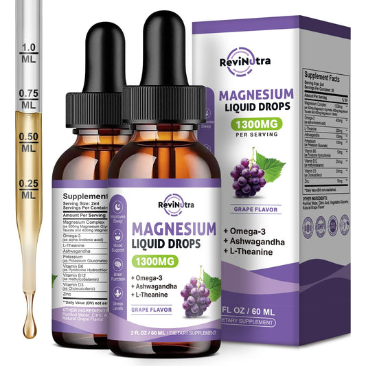 ReviNutra magnesium liquid drops bottle showcases grape flavor for easy daily dosing.