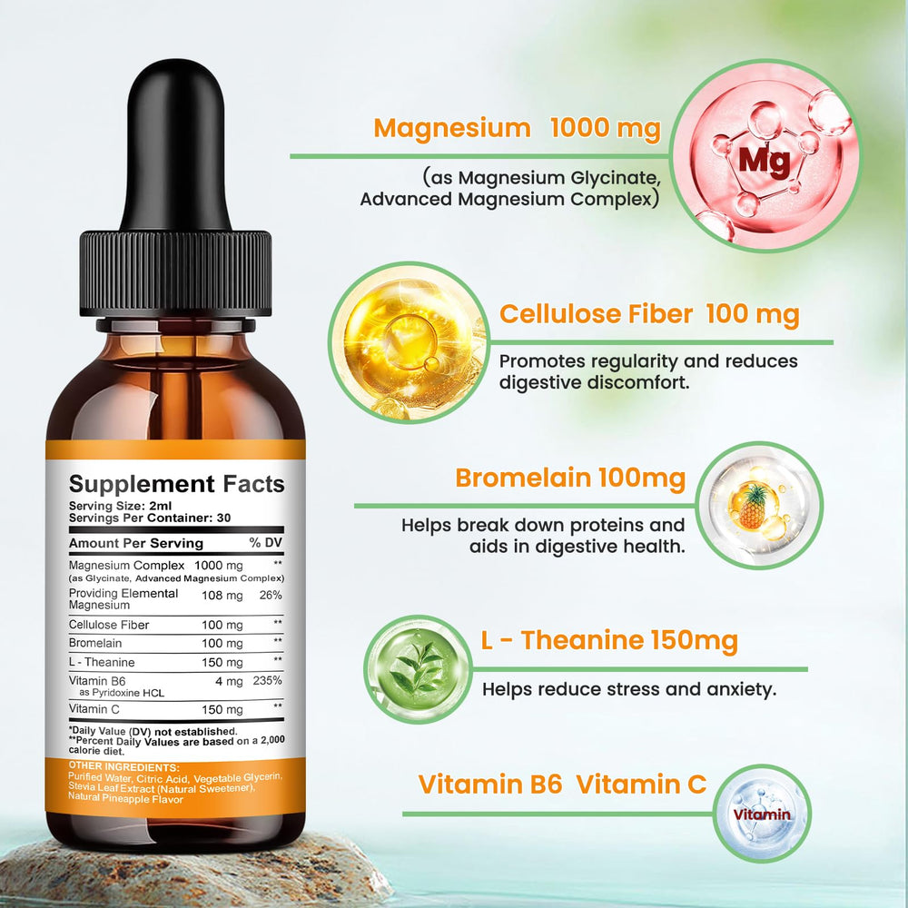ReviNutra magnesium glycinate drops pineapple flavor in a glass for easy consumption