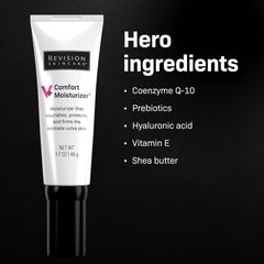 Revision Skincare V+ Comfort Moisturizer label highlighting prebiotics for skin balance.
