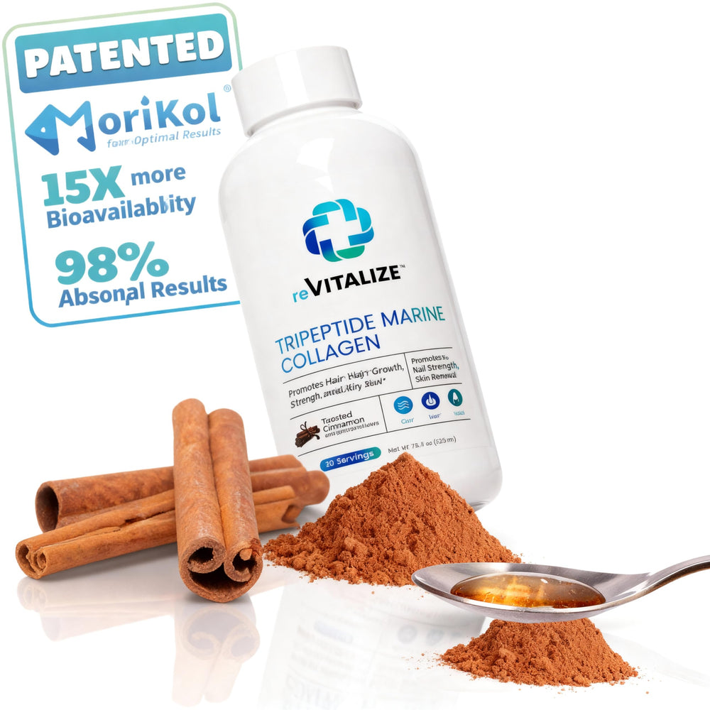 Pouring REVITALIZE Cinnamon Collagen into a glass