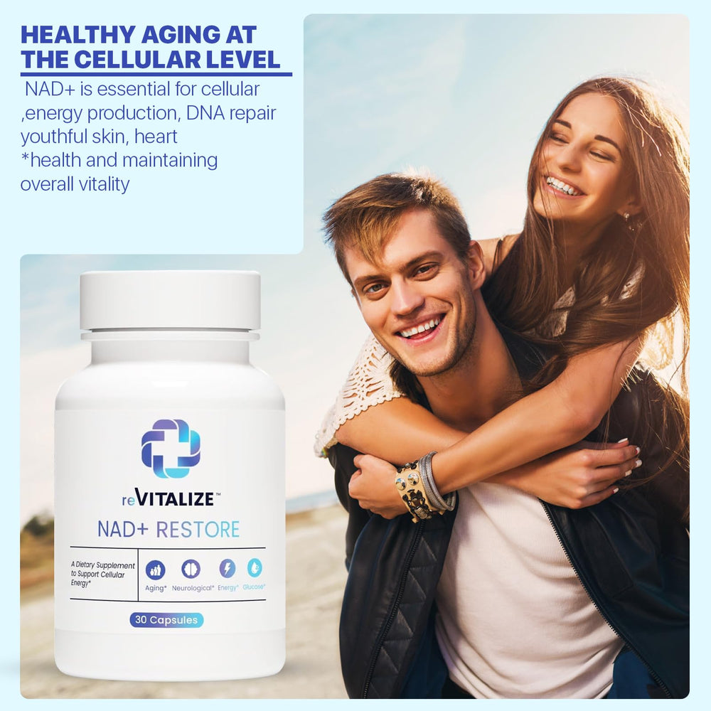 REVITALIZE NAD+ aging support visual suggests long-term vitality.