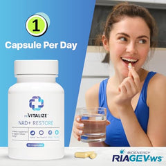 REVITALIZE NAD+ 750mg ingredients graphic shows Bioenergy RiaGev-WS formulation.