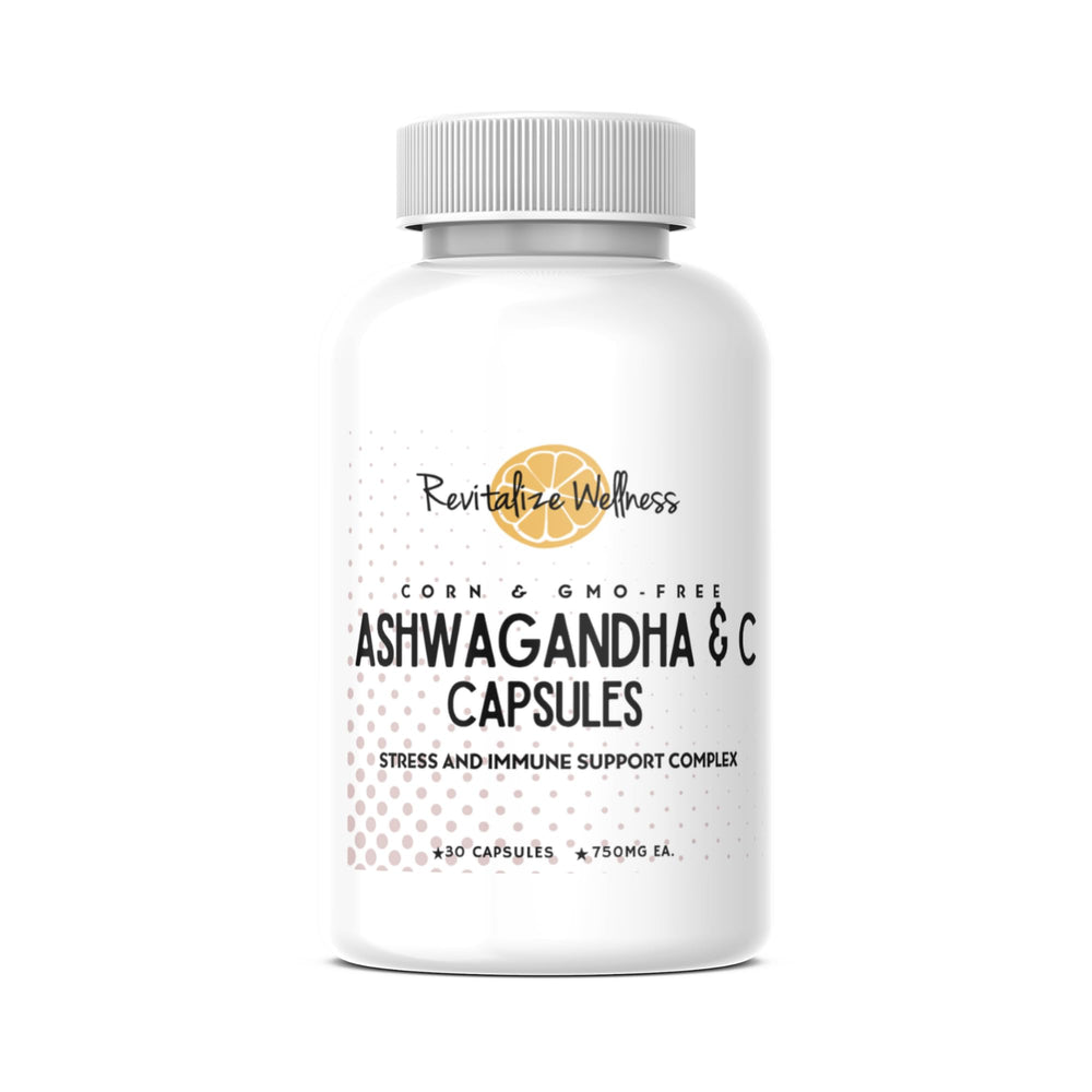 Revitalize Wellness Ashwagandha capsules bottle showing calm support and immune care