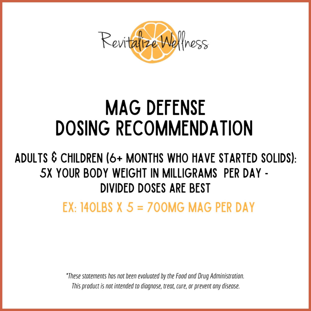 Revitalize Wellness Mag Defense dosing for kids and adults confirms weight-based guidance