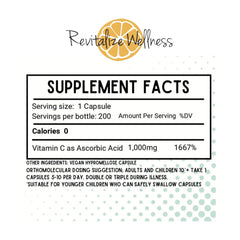 Revitalize Wellness Vitamin C capsules closeup; pure ascorbic acid for daily vitality