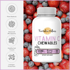 Revitalize Wellness Vitamin C chewables bottle-back view underlines family-owned quality.