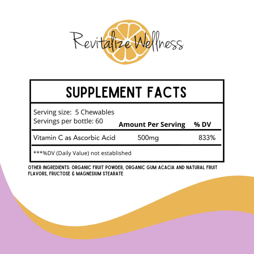 Revitalize Wellness Vitamin C chewables close-up shows juicy berry flavor for easy daily intake.