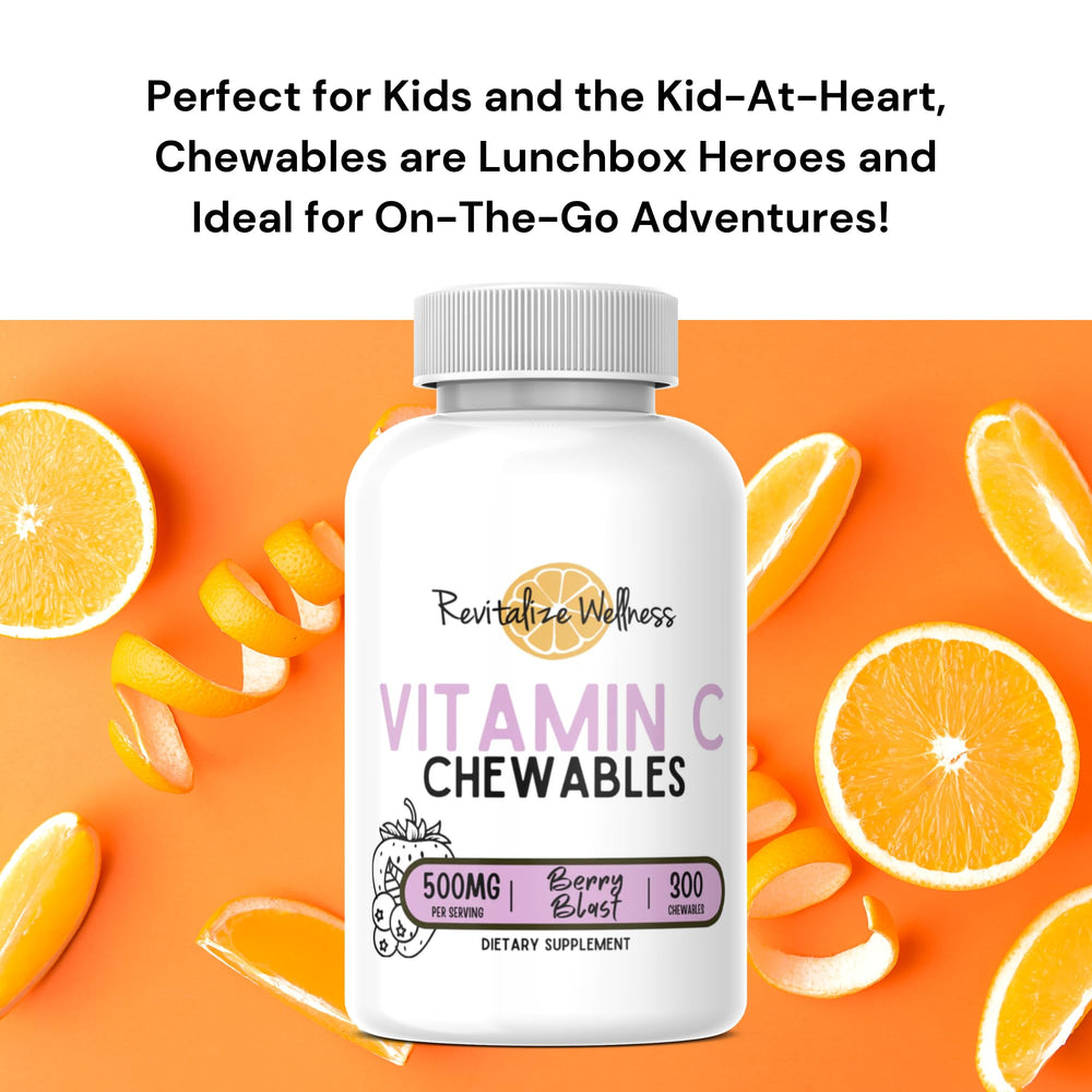 Revitalize Wellness Vitamin C chewables serving scene with berries highlights convenience.