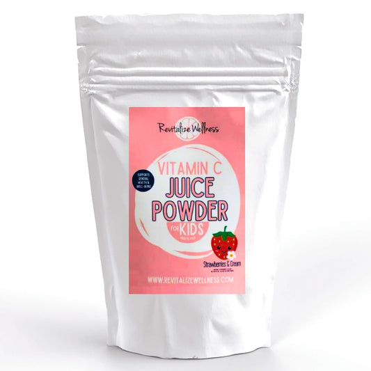 Revitalize Wellness Vitamin C powder pour, highlighting easy daily dosing for vitamin C intake