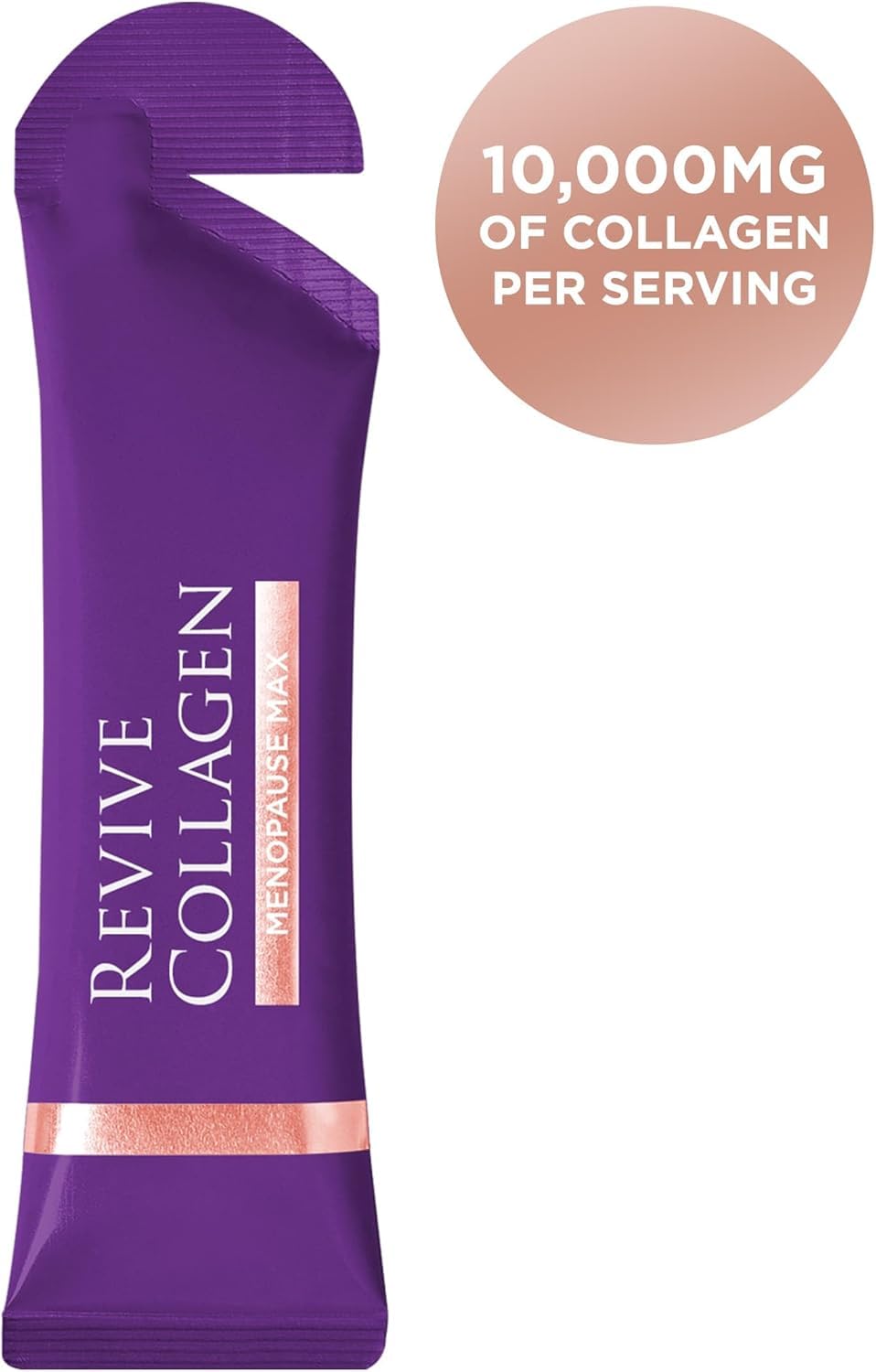 Revive Collagen Menopause Max sachets open, powder dissolves in water.