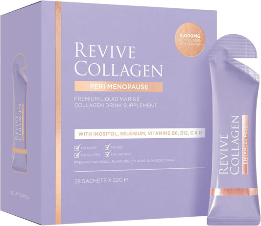 Revive Collagen Perimenopause passionfruit sachets ready for easy daily skin hydration.