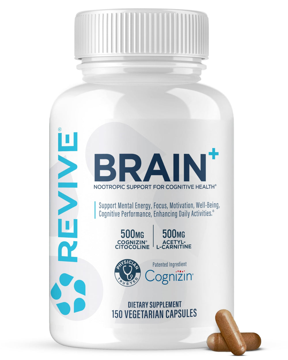 Revive MD Brain Plus bottle front showing stimulant-free focus support