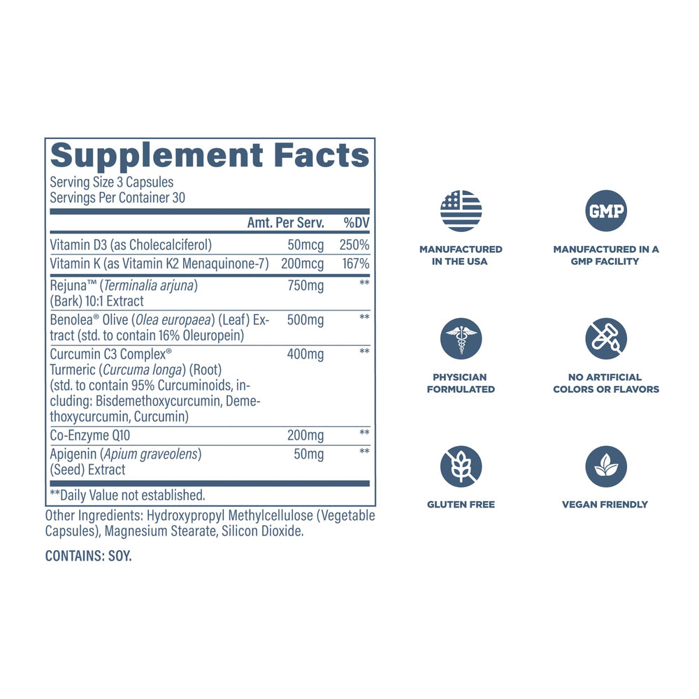 Revive MD CoQ10 serving dosage graphic showing three capsules per day