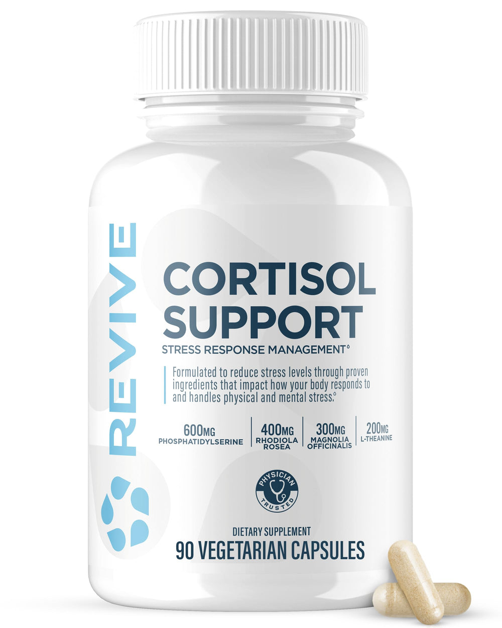Revive MD Cortisol Manager bottle displaying vegan capsules for stress-support potential.