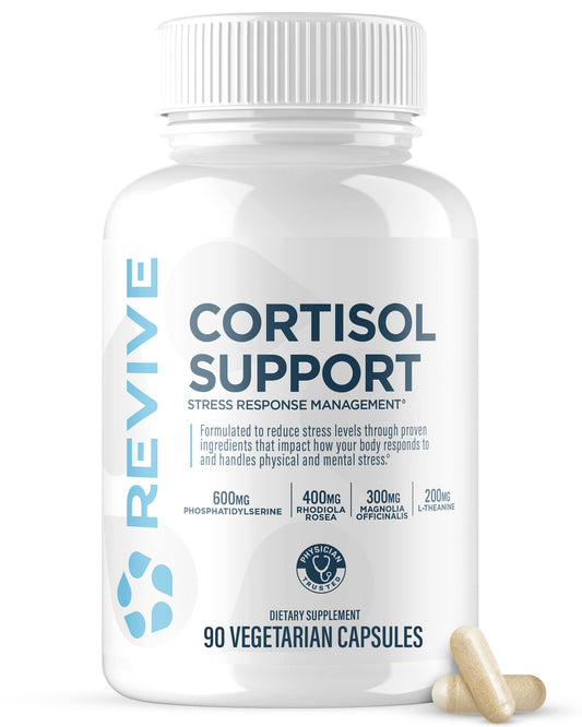 Revive MD Cortisol Manager bottle displaying vegan capsules for stress-support potential.