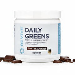 Revive MD Daily Green Powder chocolate bottle on kitchen counter for daily nutrition.