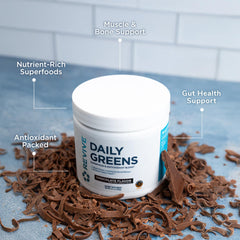 Close-up of Revive MD Daily Green Powder ingredients: wheatgrass, spirulina, chlorella.