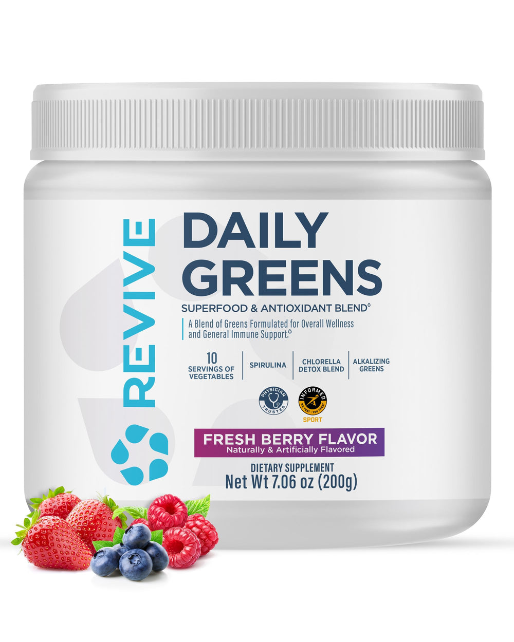 Revive MD Daily Green Powder Fresh Berry tub close-up highlighting convenient daily greens.