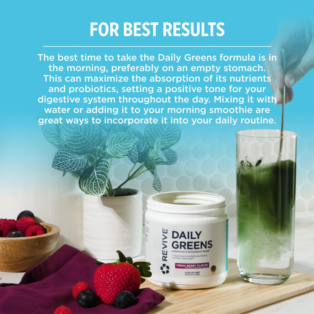 Revive MD Daily Green Powder scoop beside bottle for daily routine.